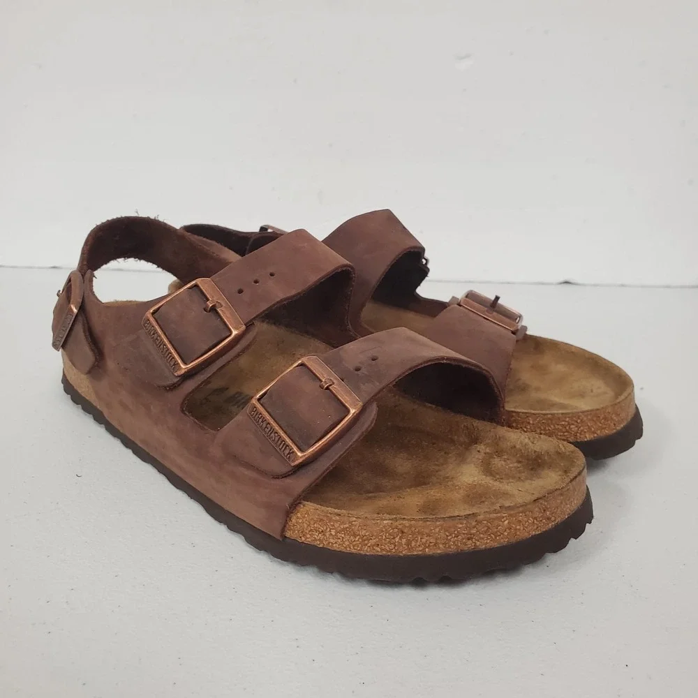 Birkenstock Mens Milano Three Strap Sandal Size 42 EU 9 US Brown Leather Comfort